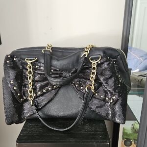 Betsey Johnson Black Sequin Bow Shoulder Bag with Gold Chain Straps